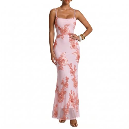 Curvphilo Women's 3D Embroidery Satin Floral Mesh Bodycon Maxi Dress | 3D Satin Appliques, Curve Hugging Fit, Spaghetti Strap, Back Slit, Wedding Guest, Cocktail Party, Prom