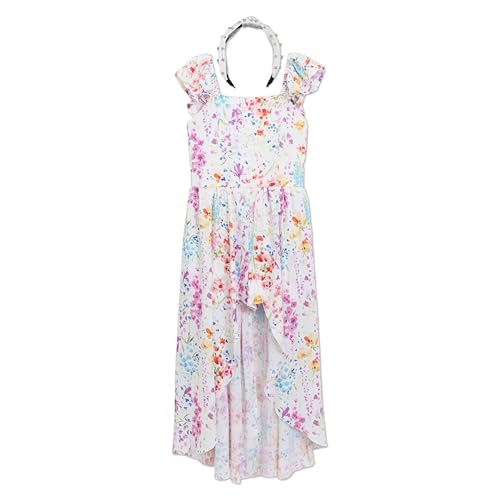 Speechless Girls' Floral Print Flutter Sleeve Smocked Walk Thru Maxi Dress with Headband, Ivory/Multi, 4
