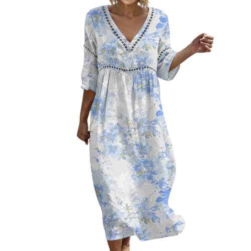 Summer Dresses for Women 3/4 Sleeve V Neck Boho Print Cut Out Midi Dress