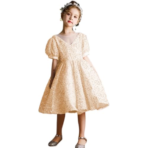 Champagne Flower Girl Dresses Wedding Bridesmaid Sequins Puffy Sleeve Skirt Girls Birthday Party Pageant Gown with Bow TJ33 9