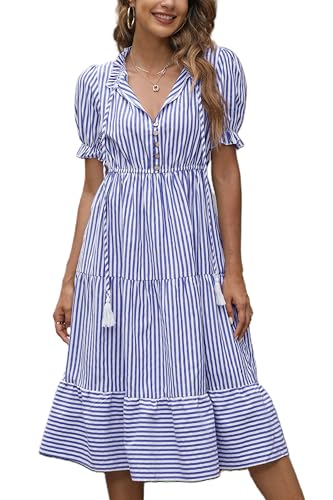 Sexyasasii Women's Summer Ruffle Puff Sleeve Dress Short Sleeve V Neck High Waist Casual Loose Striped Midi Dresses (BlueStripe,S)