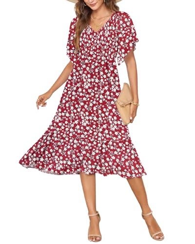 AUSELILY Women's Summer Empire Waist Dress Smocked Flutter Short Sleeve V Neck Midi Dresses 2026 New Little Red Flower M