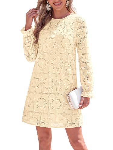 KIRUNDO Womens Long Sleeve Crochet Floral Eyelet Lace Mini Dress, Apricot,M