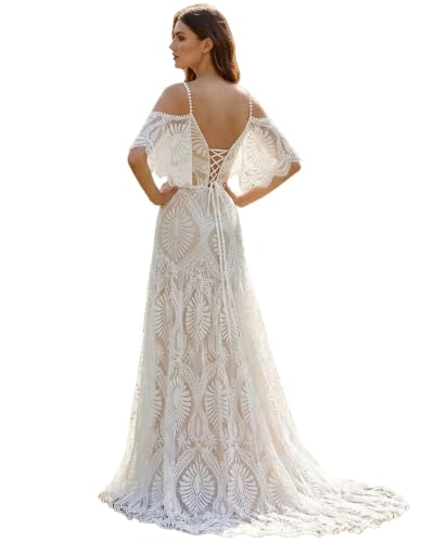 Women's Boho Lace Sheath Wedding Dress with Removable Off Shoulder Sleeves