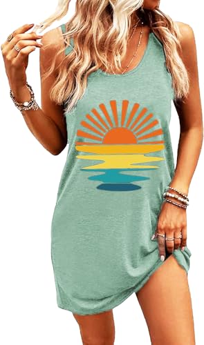 Sunset Sunshine Sleeveless Tank Dress for Women Hawaiian Dress Beach Cover Up Party Sundress, Light Green XL