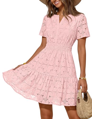 MEROKEETY Women's Summer Eyelet Lace Floral Boho Dress, Pink, XL