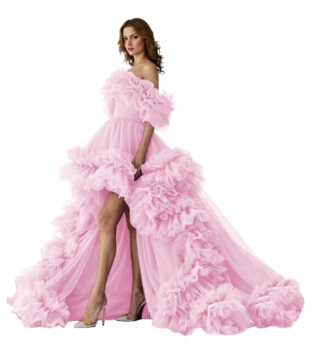 Puffy Tulle Prom Dress Women Long High Low Puffy Princess Dresses for Formal Evening Party Sweet 16 Quinceañera Ball Gowns Plus Size Pearl-Pink