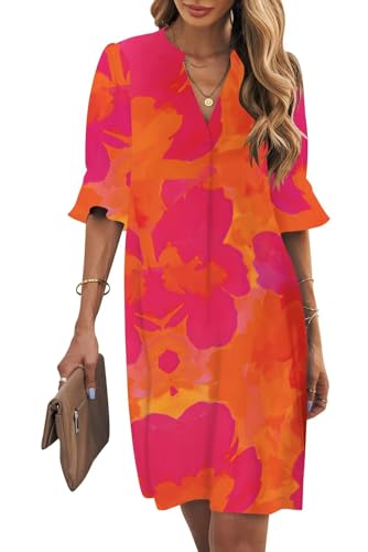 Wkior Womens Summer Ruffle Sleeve V Neck Shift Dress,Orange Floral,XL | Vacation Travel Outfit, Basic Flowy Swing Dress, Daily Casual Mini Dresses, Beach Wedding Guest Clothes
