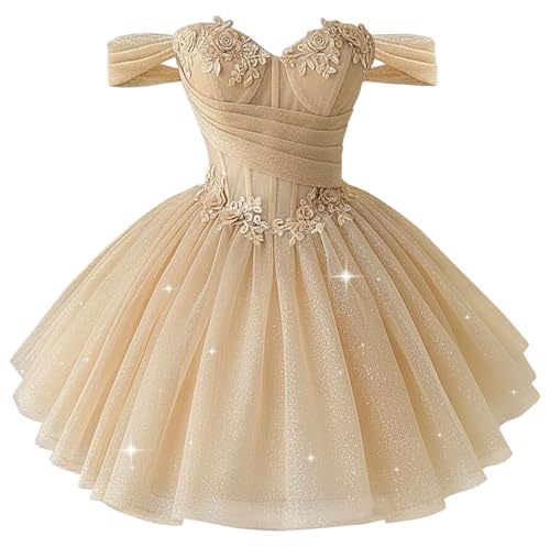 XYAYE Lace Beaded Tulle Homecoming Dresses for Teens Champagne Off Dress | Shoulder Cocktail Dress Pleated Short DAMA Dress for Quinceanera Size 8