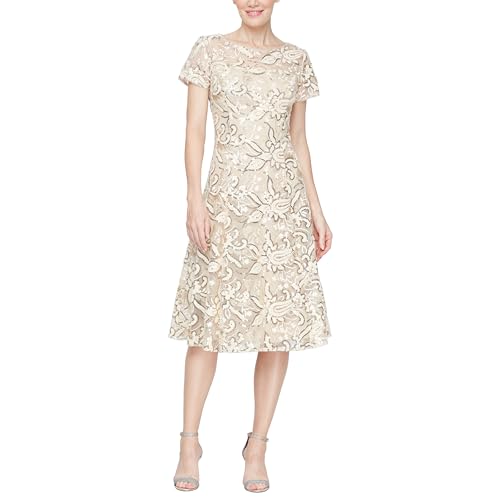 S.L. Fashions Women's Cap Sleeve Tea Length Cocktail Dress with Illusion Neckline, Wedding Guest (Petite and Regular Sizes), Winter Ivory, 18