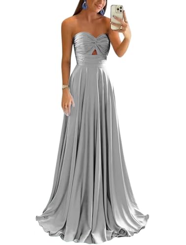 dxazd Women's Silk Satin Silver Prom Dresses with Pockets 2026 Keyhole Long A-Line Corset Ruched Strapless Bridesmaid Dress 10