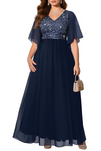 Pinup Fashion Plus Size Formal Navy Evening Gowns Prom Floor Length Dress | Sequin V-neck bodice, chiffon flared cape sleeves, elegant A-line, for fall wedding guest, mother of the bride groom, party