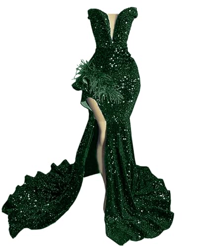 Ikerenwedding V Neck Strapless Sequin Prom Dress High Slit Mermaid Gown