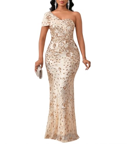 Cololura Women Sequin One Shoulder Mermaid Formal Maxi Dress Evening Gown