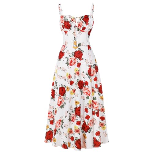 IBTOM CASTLE Corset Sundress for Women: Flowy Dresses for Ladies Teen Sexy Midi Boho Flowy Slit Lace Up Dresses Spaghetti Straps Sleeveless A Line Cocktail Party Summer Beach Sundress Red & White XS