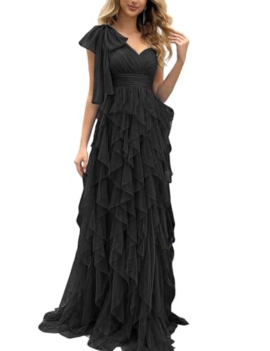 VOUIAO Women Tulle Prom Wedding Guest Bridesmaid Dress Formal Gown Black L | bow one shoulder,a line,tulle mesh,high slit,invisible zipper,choir homecoming maxi dresses,party cocktail evening gowns