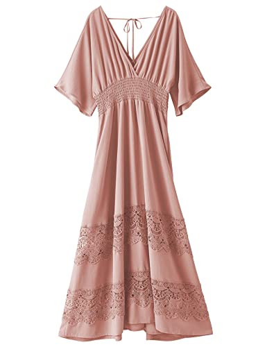 Olaesa Boho Maxi Dress V Neck Short Sleeve Lace Smocked Waist Flowy Dress