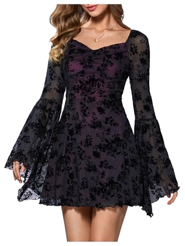 WDIRARA Women's Floral Jacquard Gothic Bell Long Sleeve Dress Black and Red