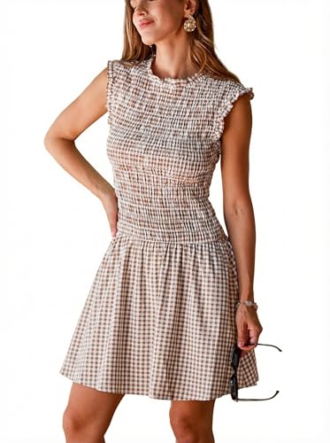CUPSHE Women's Gingham High Neck Fully Smocked Ruffle Mini Dress Brown, S | Sleeveless, Boho Plaid, Keyhole Back, Flowy A Line Short Sundress, for Summer Casual Daily Wear, Weekend, Picnic, School