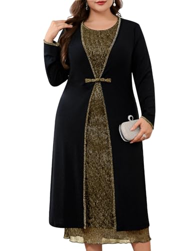 ZOMVA Plus Size 2 Pieces Mother of The Bride Sparkly Dress Set with Jacket Formal Wedding Guest Evening Elegant Outfit, Gold and Black, 2X
