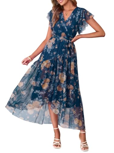 Simplee Womens Floral Belted Boho Flowy Beach Wedding Guest Maxi Dress