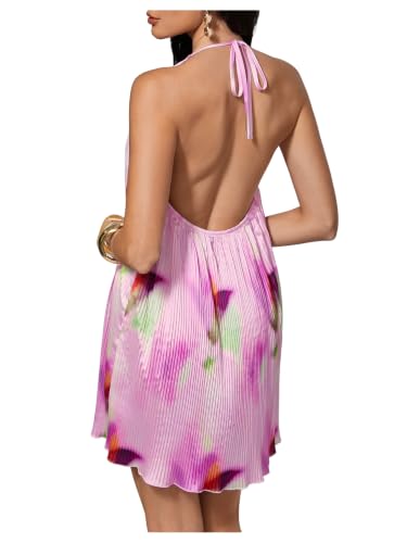 SHENHE Women's Halter Dress Low Backless Tropical Tie Dye Floral Summer Beach Vacation Dresses Sundress Lilac Purple Small
