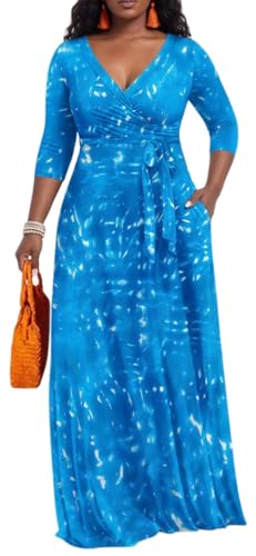 PerZeal Women V Neck Wrap Maxi Dress Flowy Boho Beach Sundress XXX-Large