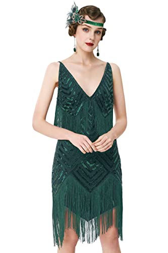 BABEYOND Women's 1920s Flapper Dress V Neck Slip Dress Roaring 20s Great Gatsby Dress for Party (Dark Green, XS)
