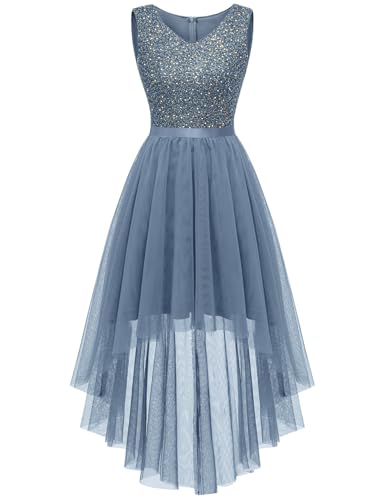 Bridesmaid Dress Sequin Tulle High Low Midi Wedding Party Grey Blue L