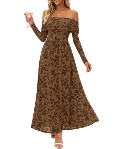 ZESICA Womens 2026 Fall Floral Off the Shoulder Maxi Dresses Brown M