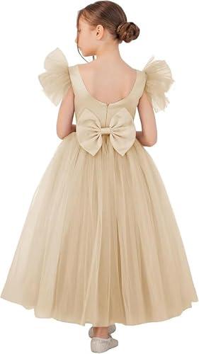 Champagne Tulle Flower Girl Dress for Wedding 2025 Puffy Ruffle Sleeve Bow Knot Princess Dress TJ25 7