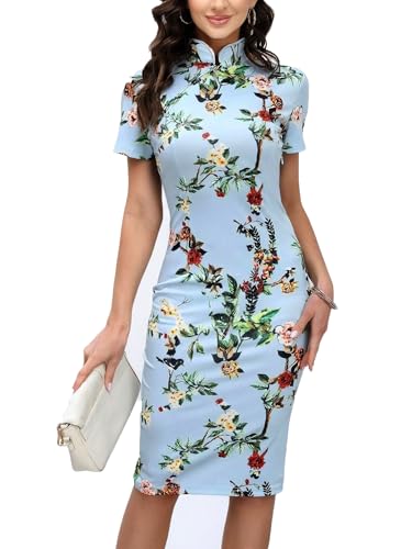 oxiuly Women's Vintage Floral Flare Stretch Stand Collar Casual Work Pencil Dress OX183 (M, Baby Blue)