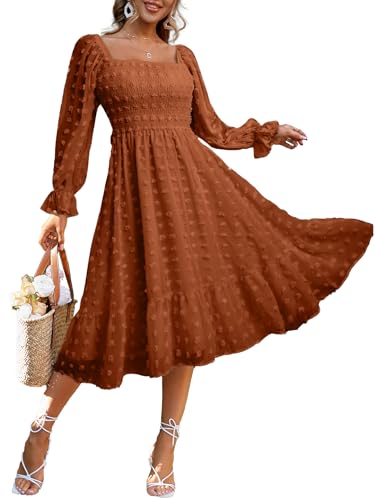 Amegoya Women's Fall Long Sleeve Midi Dress Flowy Square Neck Smocked Waist Swiss Dot Wedding Guest Dresses (Orange L)
