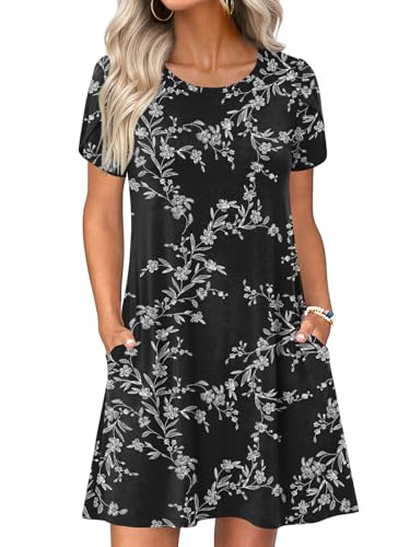 HOTGIFT Women Dresses Summer Casual Dress Plus Sized Sundresses Short Sleeve with Pockets Black Carving XXX-Large
