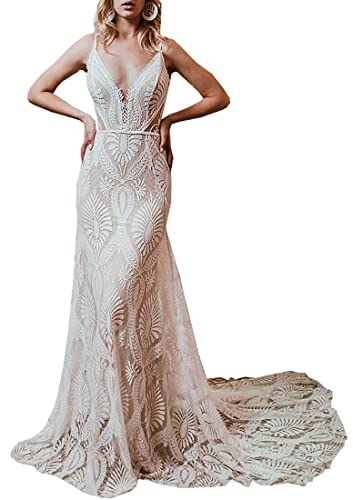 Ever Girl Women's Beach Wedding Dresses for Bride 2022 Vintage Lace Bohemian Bridal Gown Color US12