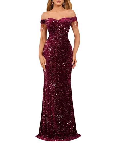 dasmzper Women Off Shoulder Sequin Evening Gown – Tassel Sleeve Formal Maxi Dress for Wedding, Prom Wine Red