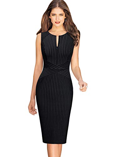 VFSHOW Womens Front Zipper Work Business Office Slim Bodycon Church Dress | Sleeveless, Elegant Professional Career, Crew Neck, Zipper Up, Fitted Pencil Sheath Dresses, Black and White Striped, L