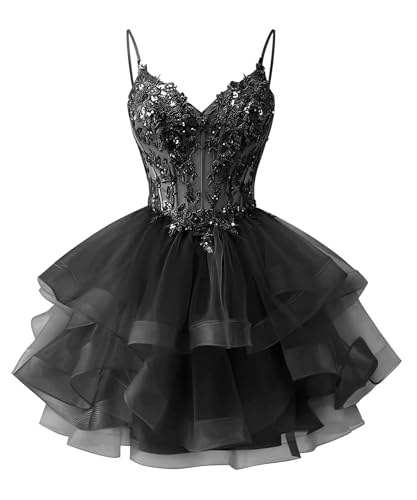 Zeeyecie Black Tiered Glitter Tulle Homecoming Dresses for Teens Lace Applique Beaded Short Prom Dress Sequin Quinceanera Dresses US4