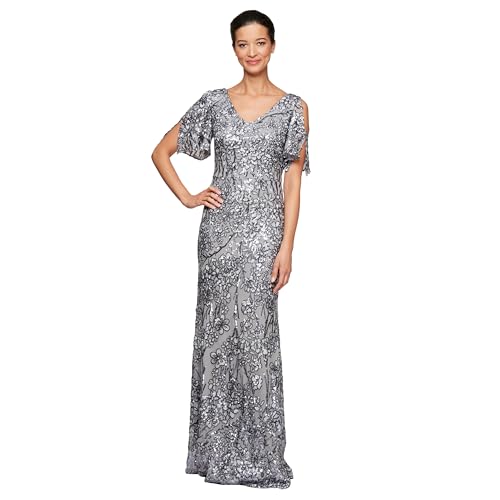 Alex Evenings Women's Long Mother of the Bride Stretch Sequin Dress with Cold Shoulder Flutter Sleeves (Petite and Regular Sizes), Silver, 10P