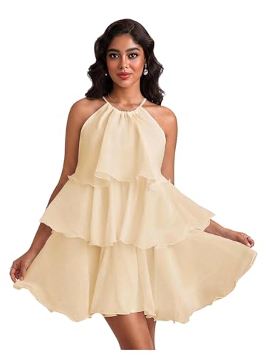 MakeMeChic Women's Wedding Guest Halter Mini Dress Ruffle Layered Sleeveless Summer Short Dress Flowy Apricot X-Large