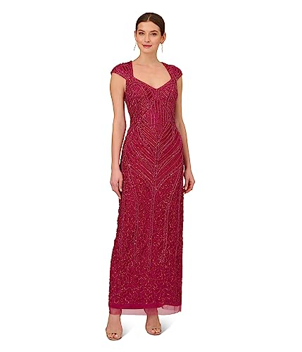 Adrianna Papell Cap Sleeve Beaded Mod Column Gown with Sweetheart Neckline Magenta 12