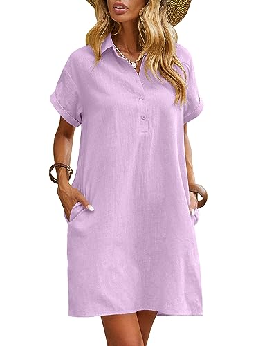 Zeagoo Womens Shirt Dress Cotton Tunic Mini Dresses with Pockets Purple