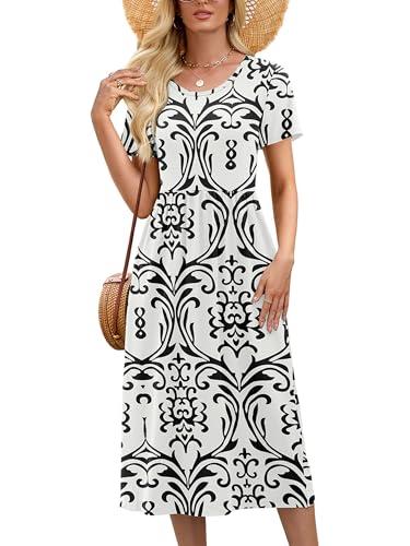 DEARCASE Floral Summer Midi Dresses for Women,White Black,Small | Empire Waist,casual loose,crewneck,round neck,midi length dresses for women,dress for party holiday teacher travel work