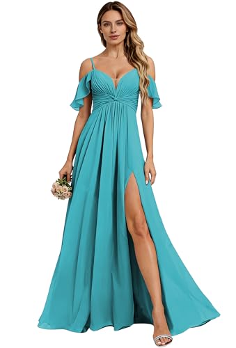 Long Ruffles Chiffon Spaghetti Straps Simple Bridesmaid Dresses with Slit A-Line Corset Cold Shoulder Aqua Plus Size Party Dress for Teens