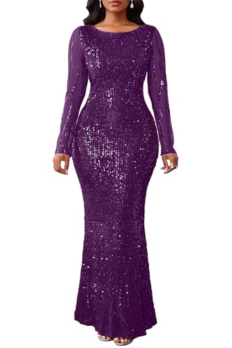 VERWIN Women's Sequins Bodycon Sparkly Mermaid Maxi Dress - Casual Party Cocktail - L Purple