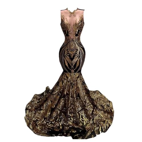 Deep V-Neck Sparkly Sequine Mermaid Long Prom Gown Sleeveless Chapel Train Evening Shower Party Dress Black Gold 14