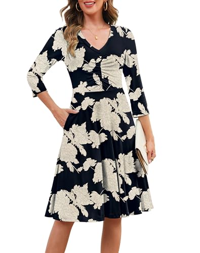 Annebouti Spring Dresses for Women 2026 3/4 Sleeve Casual Aline Modest Boho Flowy Elegant Classy Wedding Guest Teacher Work Midi Dress with Pockets Beige Black M