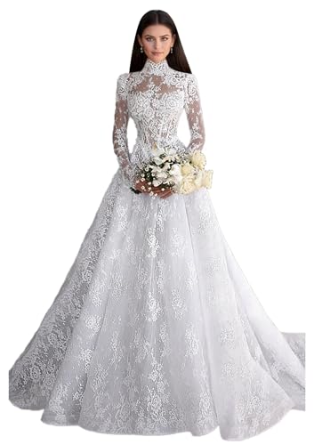 High Neck Wedding Dress Lace Appliques Bridal Gowns Long Sleeves with Train for Women Floor Length Vintage White 14 DR0933-04