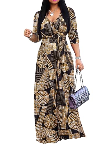 African Pattern Ankara Maxi Dress for Women Traditional 3/4 Sleeve Casual Floor Length Swing Dress