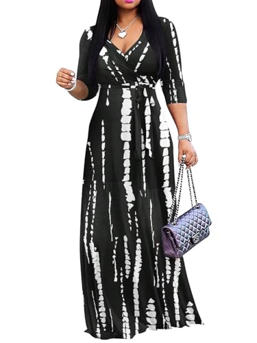 Plus Size Wedding Guest Maxi Dress for Curvy Women Summer Casual Floral 3/4 Sleeve Long Cocktail Dress Black and White